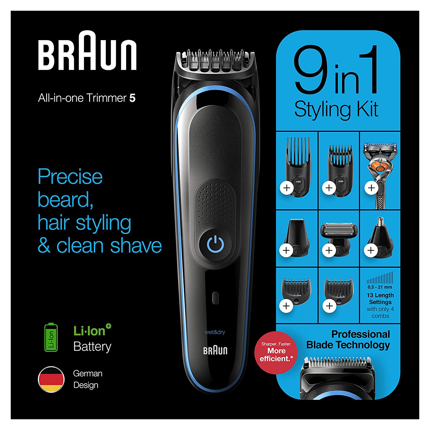 Braun All-in-one trimmer 5 for Face, Hair, and Body, Black/Blue MGK5280